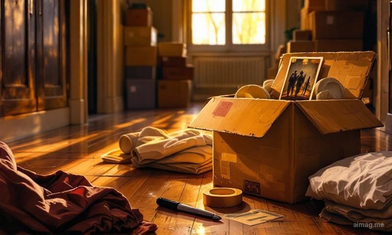 A tarot card showing the Six of Swords taped inside an open moving box among wrapped dishes and folded linens, warm afternoon light through a bare window