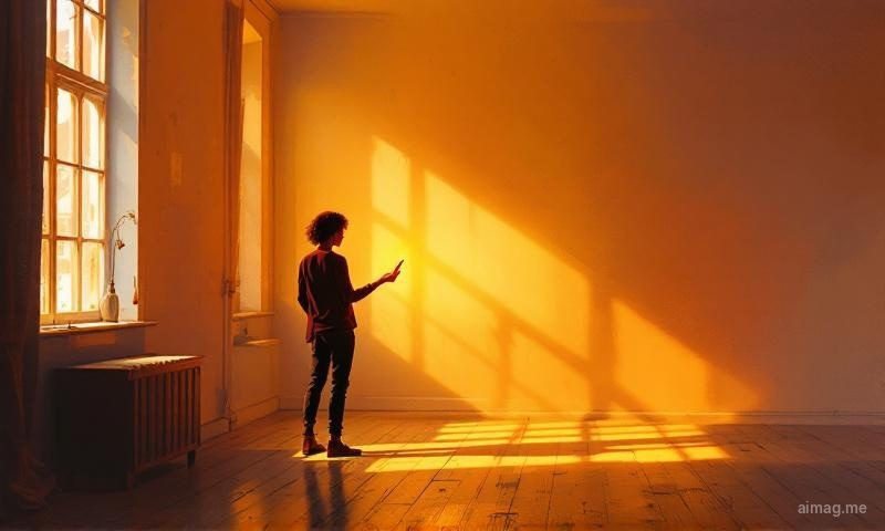 A solitary figure standing in a completely empty apartment holding a tarot card, sun-faded rectangles on walls where pictures once hung, keys on the windowsill