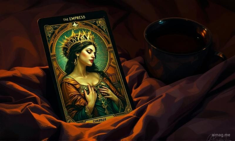 The Empress tarot card propped against a glowing baby monitor at 3 AM, green night-vision screen showing a sleeping infant, a cold cup of tea beside both