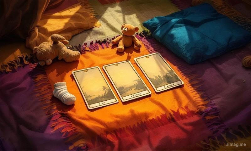 Three tarot cards arranged on the edge of a colorful baby play mat, a stuffed animal fallen across one card, a tiny sock near another, warm daylight filling the room