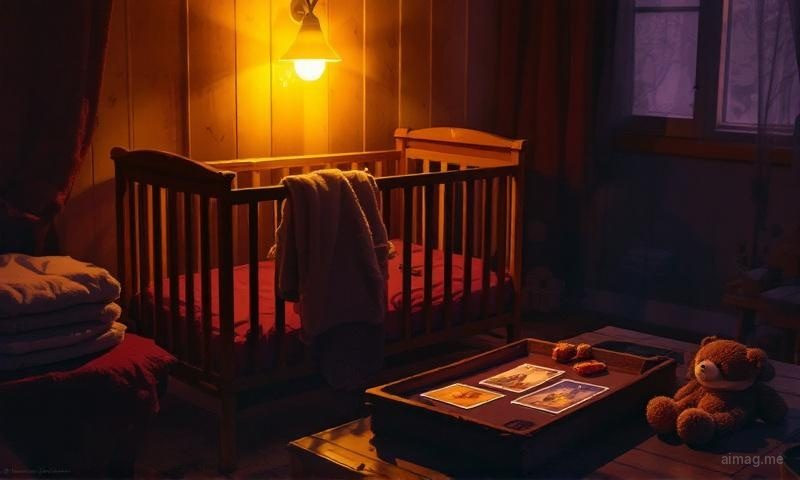 A warm nursery with a wooden crib and knitted socks, three tarot cards laid out showing Page of Cups, the Empress, and Ace of Wands, bathed in golden nightlight glow