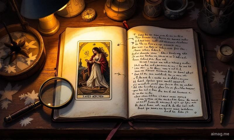 Trzy karty tarota rozłożone w rzędzie na ciemnej tkaninie, reprezentujące przeszłość, teraźniejszość i przyszłość w odniesieniu do osobistego tematu