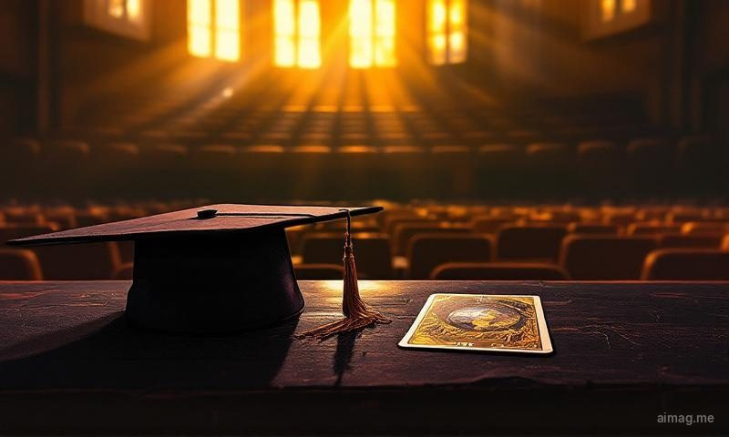 A graduation cap beside The World tarot card on a dark surface, tassel draped across the card edge, warm light from high windows