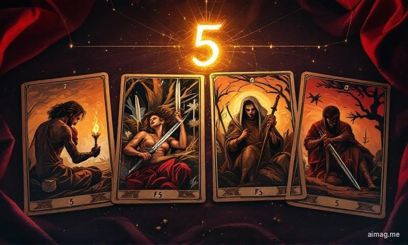 Progresja od Asa do Czwórki pokazana w różnych kolorach, ilustrująca jak każda liczba niesie to samo znaczenie dostosowane do swojego elementu