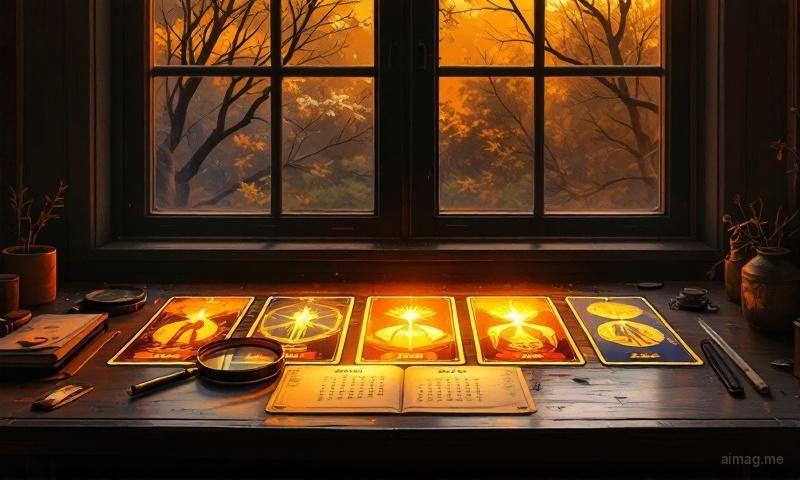 An open journal with tarot cards arranged beside it on a wooden desk, warm ambient lighting creating a reflective atmosphere