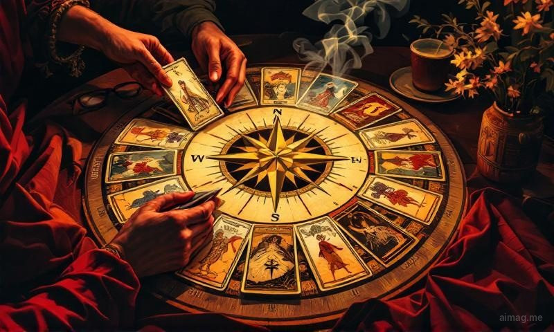A person sitting quietly with a tarot spread laid out before them, gazing thoughtfully at the cards in warm evening light