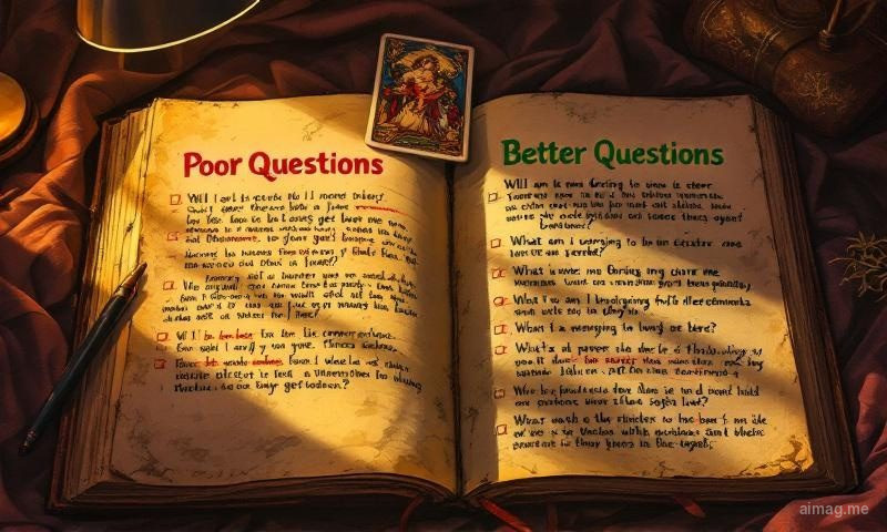 An open journal with tarot cards arranged beside it, showing handwritten reflective questions and a pen mid-sentence, suggesting the practice of crafting thoughtful questions before a reading