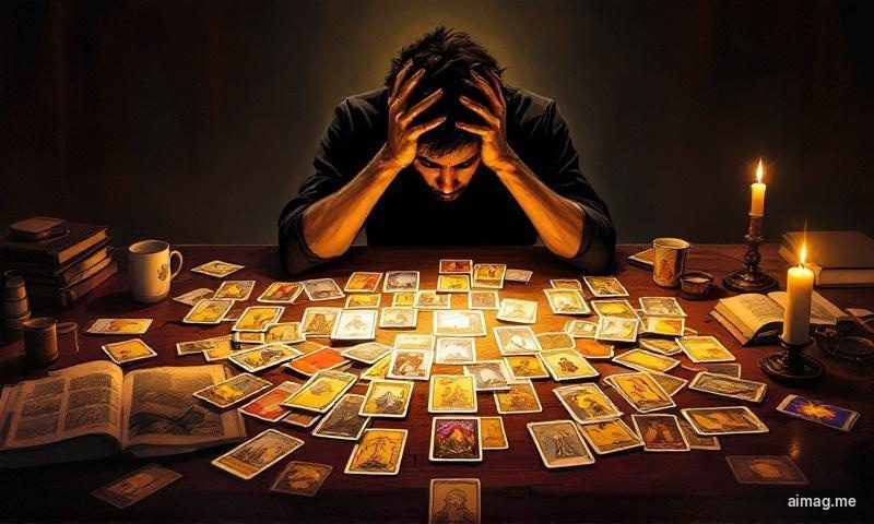 Osoba siedząca z kartami tarota, z uwagą patrząca na pojedynczą kartę zamiast sięgać po podręcznik