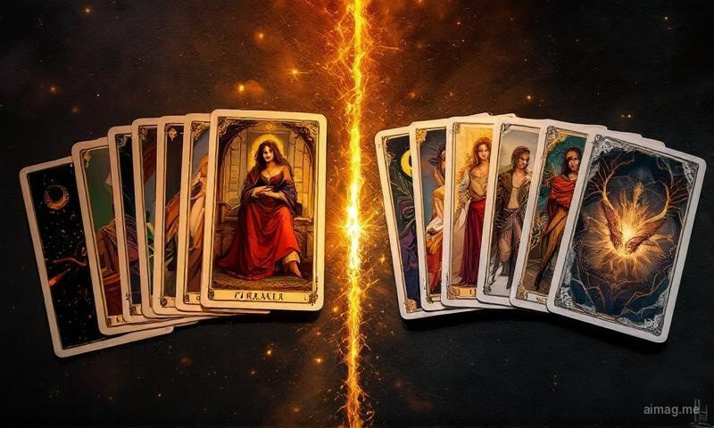 A close-up of two hands each holding a single card — one hand holds a richly symbolic tarot card dense with archetypal imagery, the other holds an oracle card with a simple watercolor illustration and a single word, both held over a dark wooden table