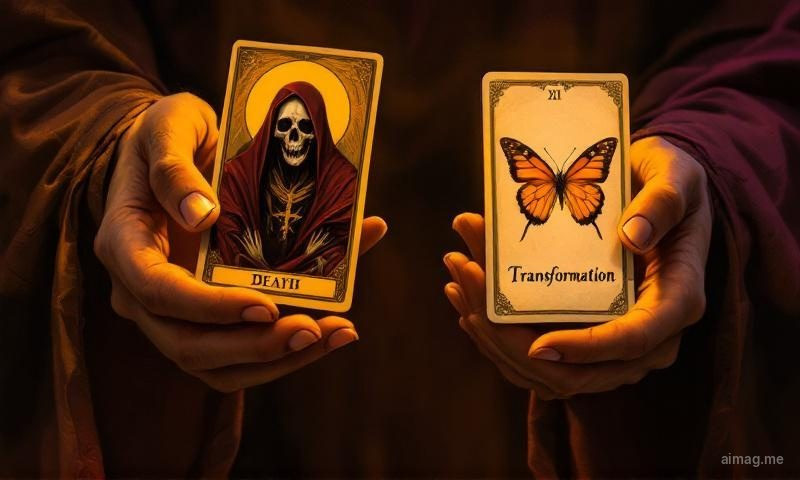 Two decks fanned out in a crescent shape on a dark surface, the tarot fan showing richly detailed archetypal scenes, the oracle fan showing simpler illustrations with visible keywords, the two crescents forming a subtle yin-yang shape