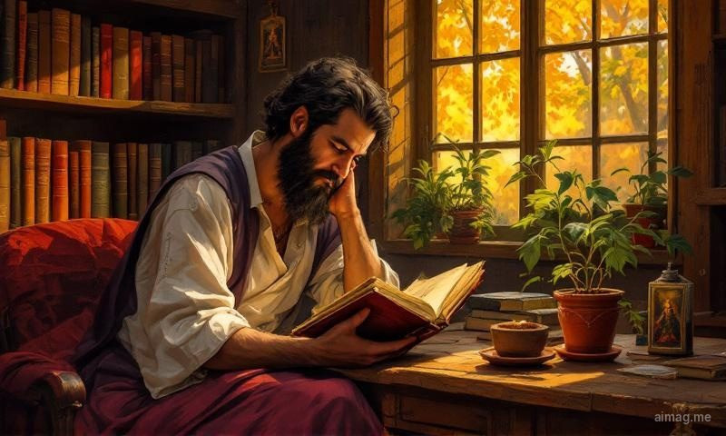 A seated figure in warm earth tones surrounded by ancient books and growing vines, blending tradition with natural abundance — the Taurus connection to The Hierophant