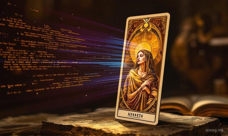 A tarot card standing upright while thin beams of structured light scan its surface, painted imagery transforming into flowing text and data points where the light crosses