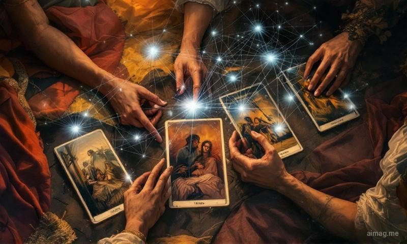 A five-card tarot spread viewed from above with a translucent neural network diagram overlaid, nodes on each card connected by glowing blue lines showing symbolic relationships