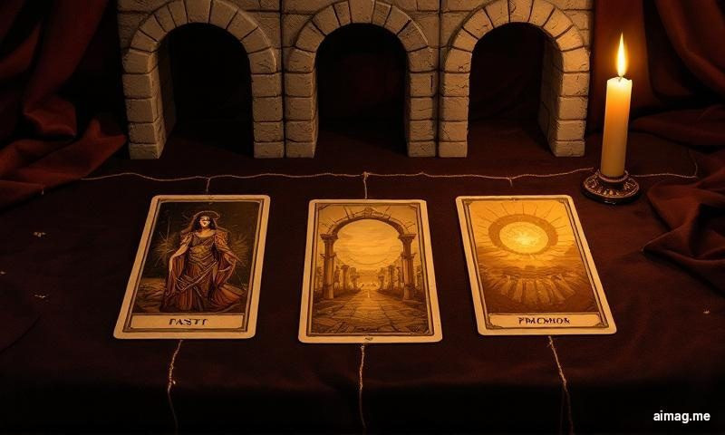 Dlaczego Trzy Karty Działają — trzy karty tarota w rzędzie z liniami łączącymi pokazującymi łuk narracyjny