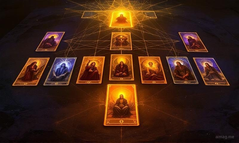 Rozkład Dziesięciu Sefirot — dziesięć kart tarota ułożonych we wzór Drzewa Życia ze złotymi liniami łączącymi