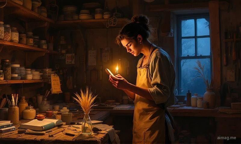 The Virgo psychological profile — a figure holding a lantern in a field of golden wheat, with tarot cards arranged in a precise geometric pattern below, symbolizing the cycle of analysis and refinement