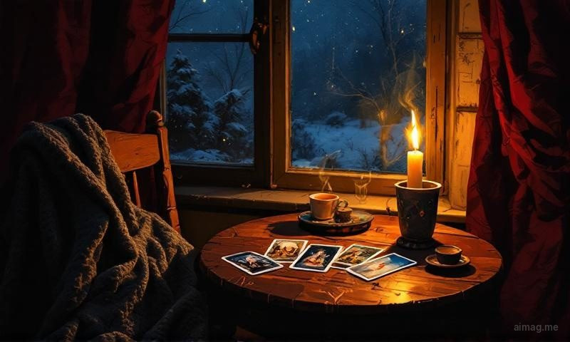 Five tarot cards arranged vertically like a descent into winter darkness, the top card catching faint light and the bottom card in deep shadow