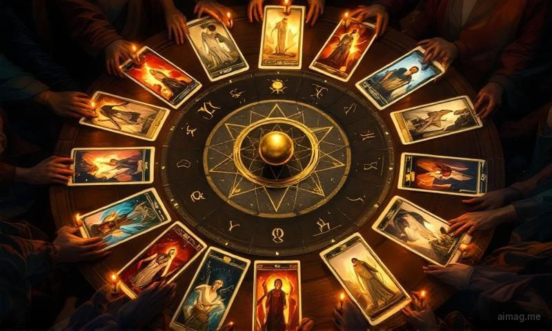 Dwanaście kart tarota ułożonych w idealny okrąg z bladymi glifami zodiaku widocznymi na każdej pozycji i subtelnym wzorem gwiezdnego pola łączącym je