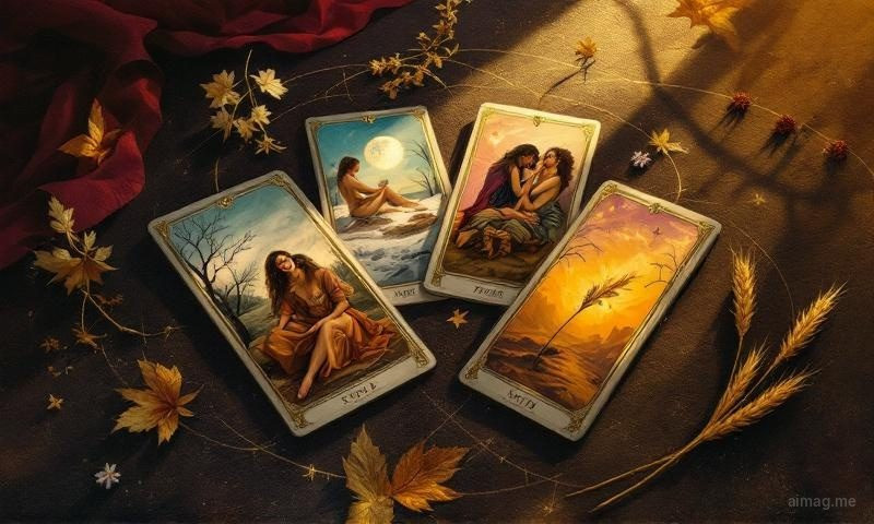 Cztery karty tarota ułożone w kształt rombu z bladymi liniami konstelacji zodiaku łączącymi je i sezonowymi zmianami kolorów od ciepłych do chłodnych w układzie