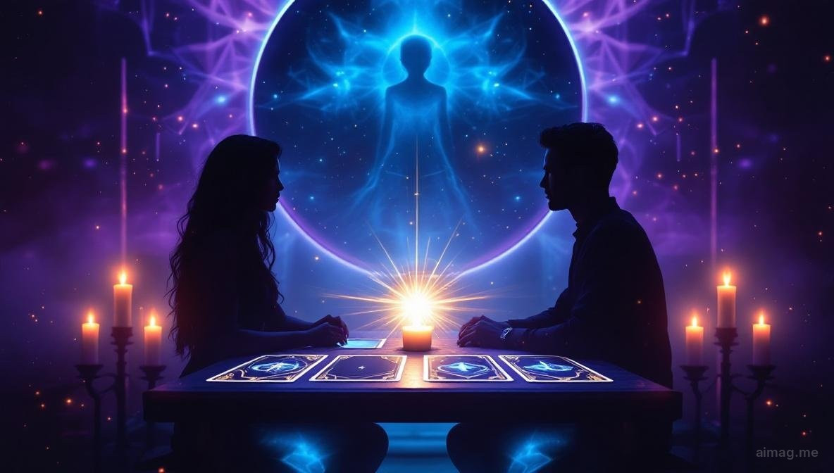 Two hands reaching toward each other across a tarot spread, golden threads of light connecting their fingertips above The Lovers card, with a soft cosmic background