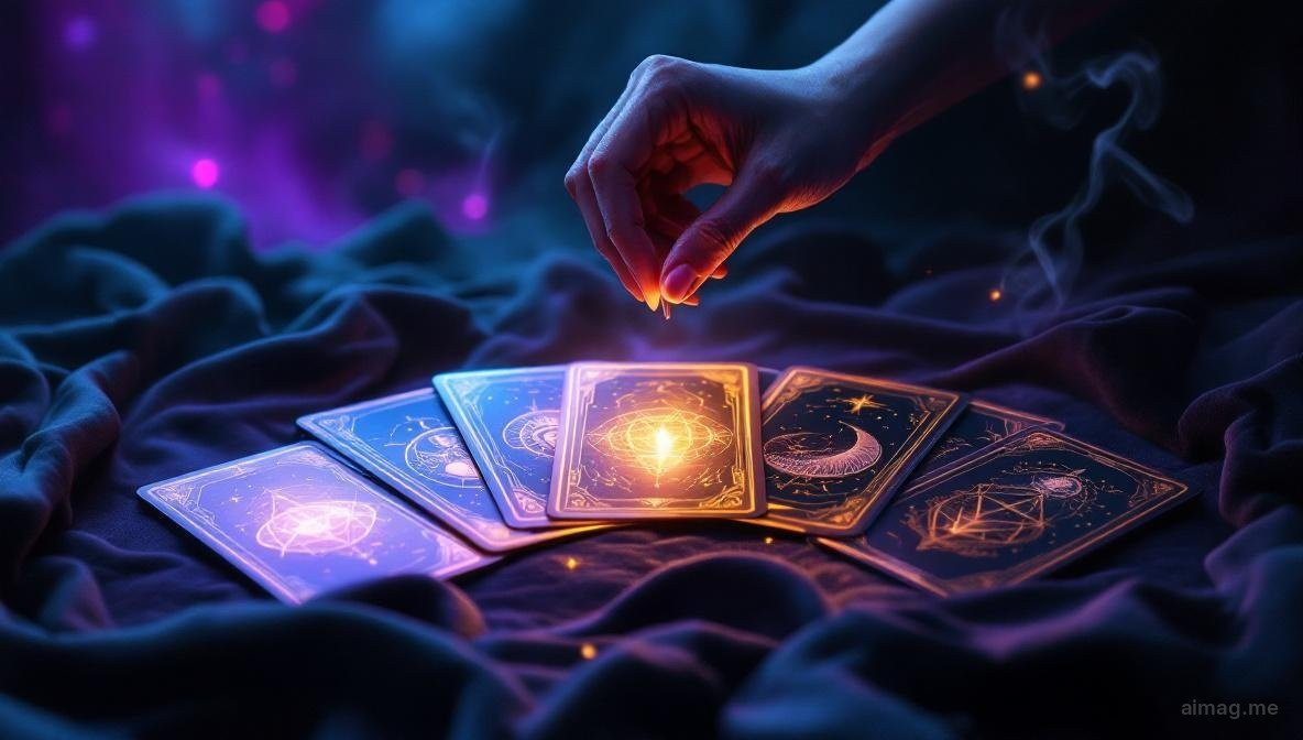Five tarot cards fanned out on a dark surface with a warm glow illuminating some cards brightly and leaving others in shadow, suggesting the contrast between healthy and unhealthy dynamics
