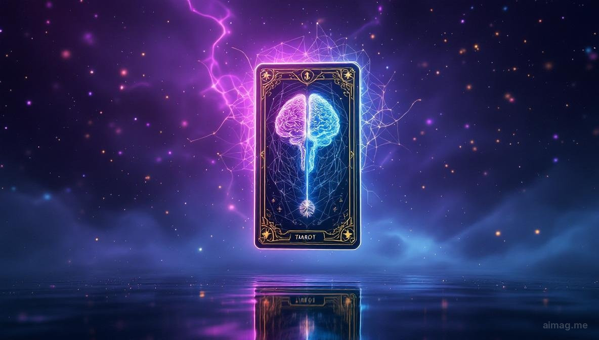 A tarot card suspended between a scientific diagram of the brain and a field of cosmic symbols, with violet and gold light connecting both domains