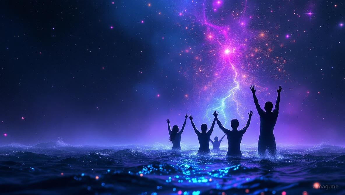 Figures rising from the ground with arms raised toward a trumpet sounding in golden clouds, bathed in transformative light