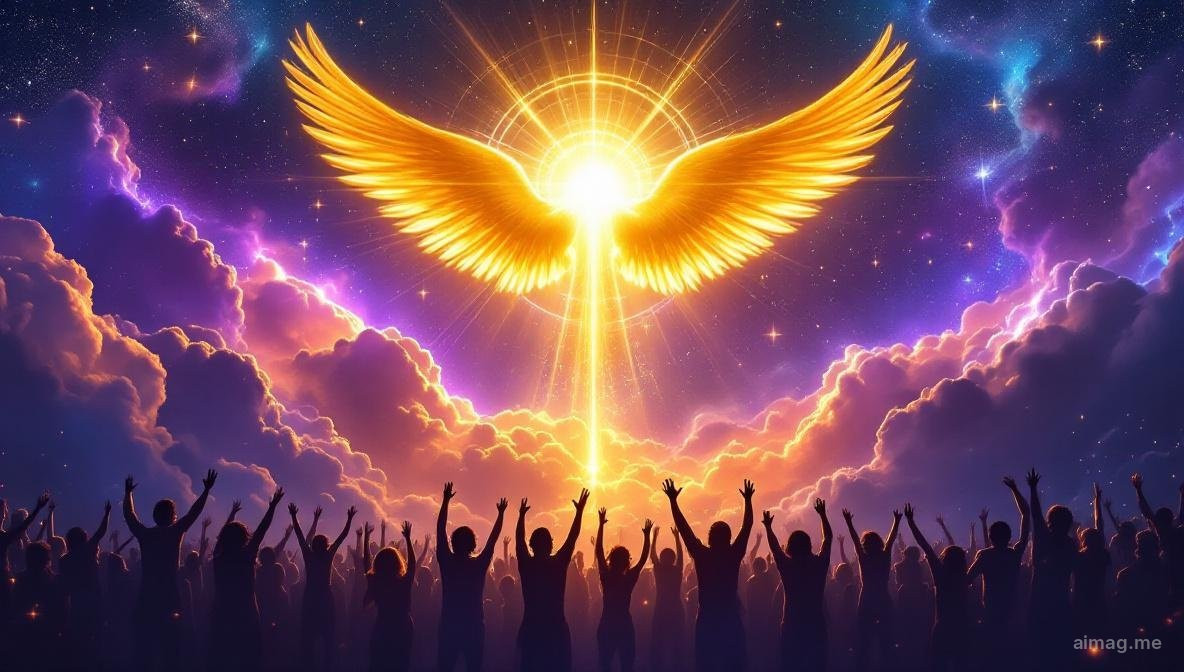 Karta Sąd w tarocie — anioł Gabriel trąbi na trąbce, a postacie wstają z trumien z uniesionymi ramionami ku niebu