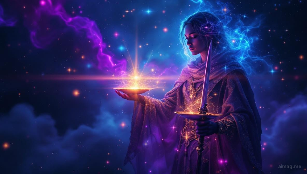 Złota waga w równowadze zawieszona w miękkim świetle, z jednej strony świecące serce, z drugiej przejrzysty kryształ, na tle zmierzchowego nieba