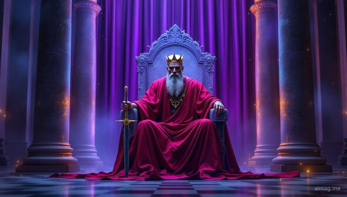 Justice tarot card — crowned figure seated between two pillars holding a sword and scales