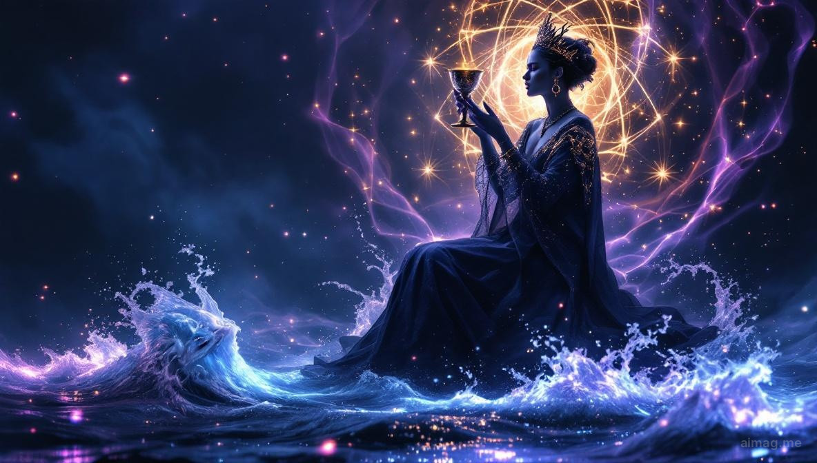 Opanowana postać na kamiennym tronie otoczona burzliwymi falami oceanu, trzymająca złoty kielich ze spokojną pewnością, podczas gdy statek płynie stabilnie w tle