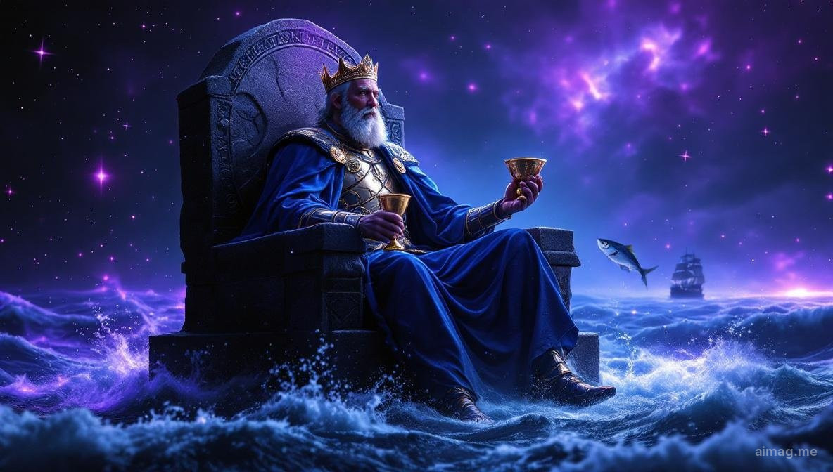 King of Cups tarot card — a king in blue robes sits on a stone throne floating on turbulent ocean waters, holding a cup in one hand and a scepter in the other