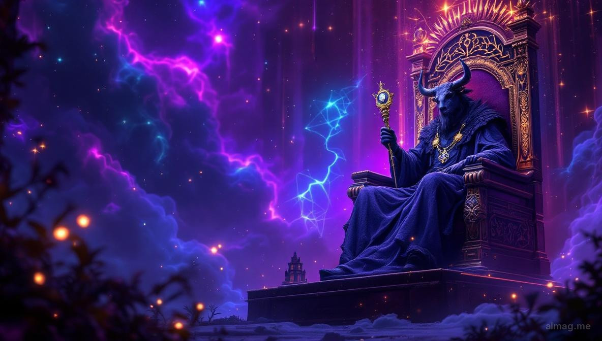 Potężna postać na tronie zdobionym rzeźbami byków i winoroślą, odziana w bogate ciemne szaty, złoty denar spoczywa na jednym kolanie, za nim widoczny dostatni zamek