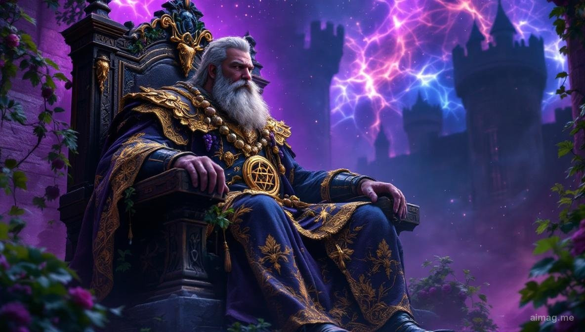 King of Pentacles tarot card — a powerful king in vine-embroidered robes sits on a bull-carved throne surrounded by grapevines, holding a scepter and a golden pentacle