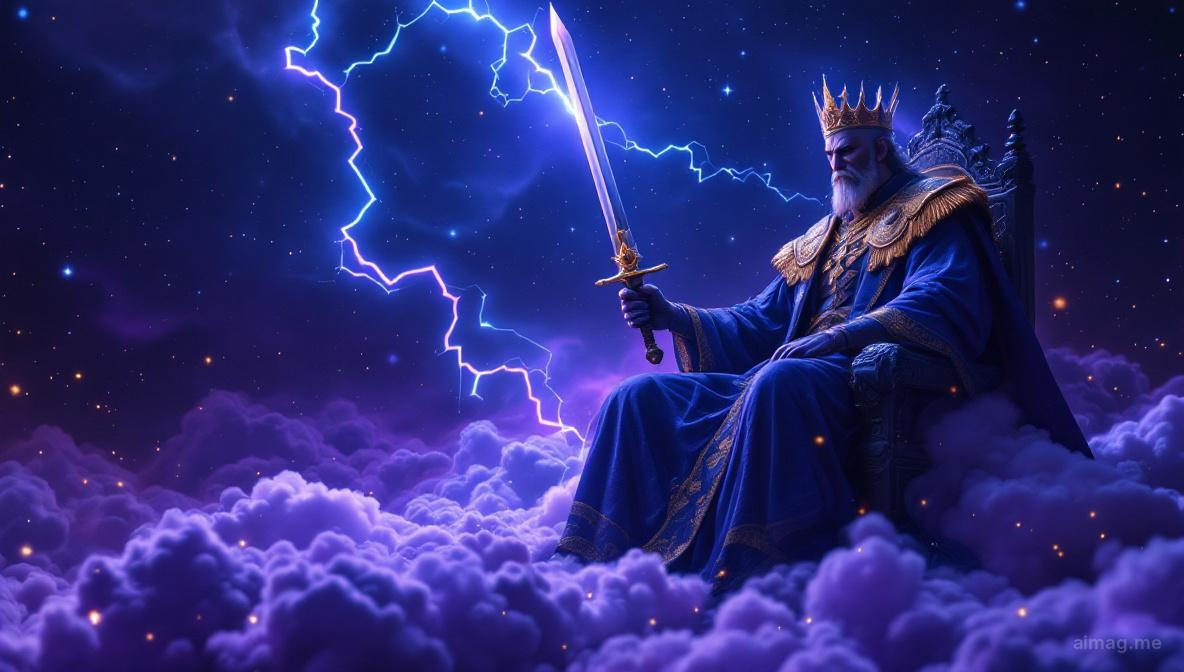 Władcza postać na wysokim kamiennym tronie trzymająca prosty miecz pionowo, jasne niebieskie niebo za nią, motyle rzeźbione w podłokietnikach tronu