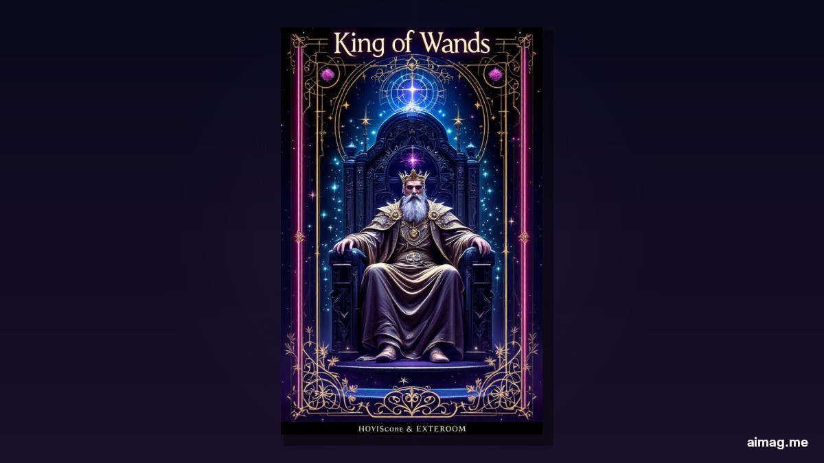 Karta Król Różdżek — potężny król siedzi na tronie ozdobionym lwami i salamandrami, nosi koronę i złotą szatę, trzyma żywą drewnianą różdżkę, z małą salamandrą u stóp