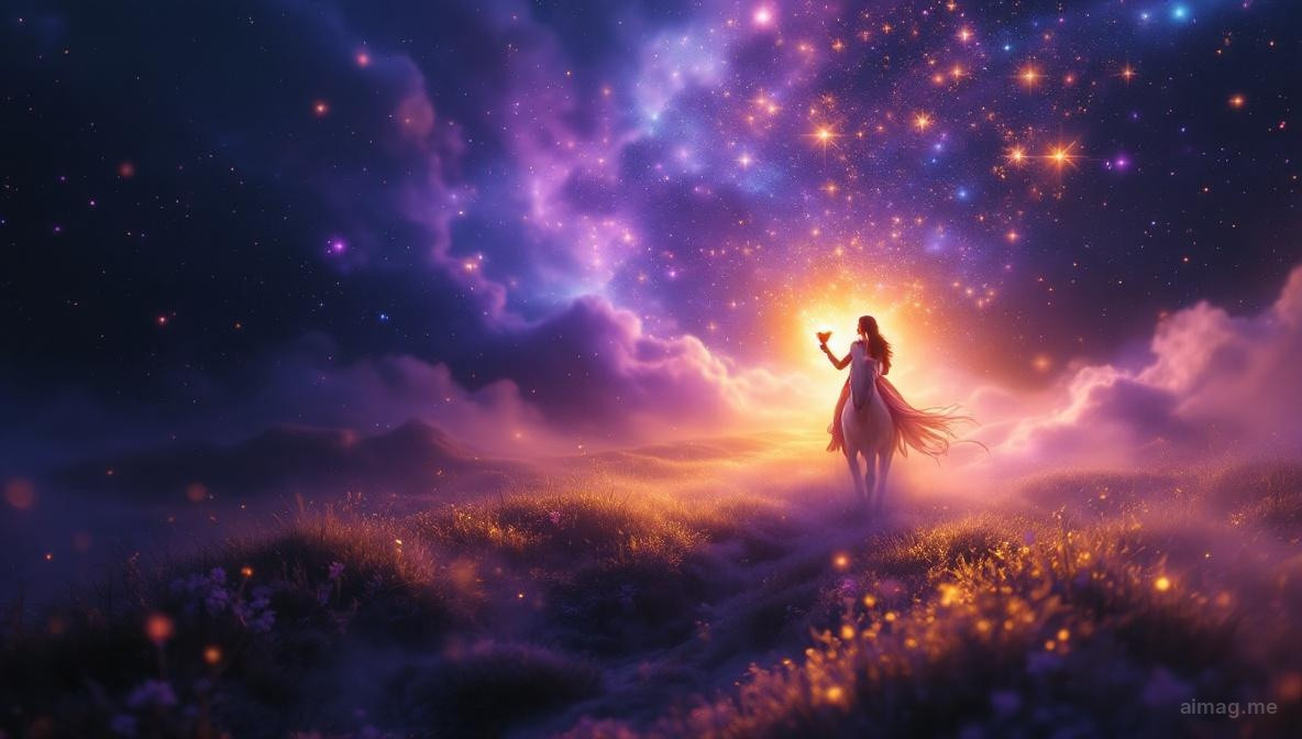 Rycerz w zbroi na białym koniu zbliżający się przez mglisty rzeczny krajobraz, wyciągający lśniący złoty kielich ku widzowi na tle nieba o zmierzchu