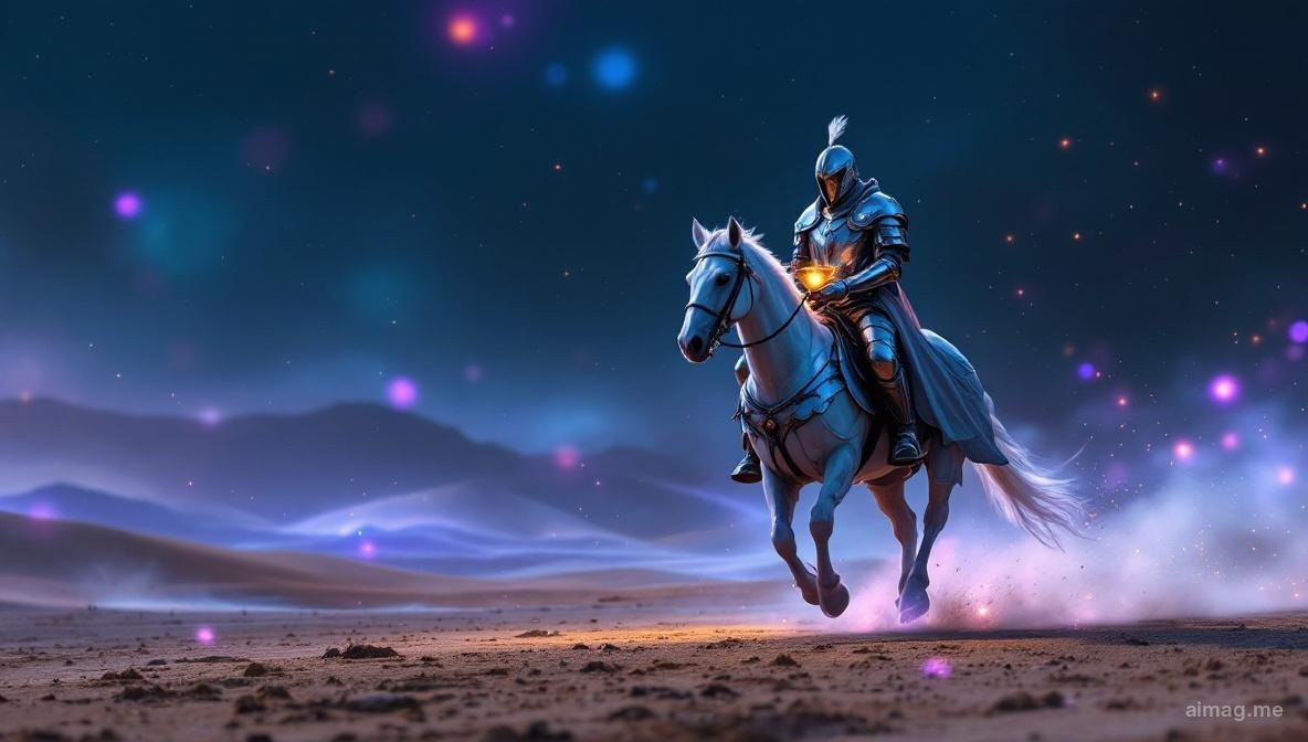 Knight of Cups tarot card — a knight in silver armor riding a white horse at a slow pace, holding a golden chalice before him like a grail