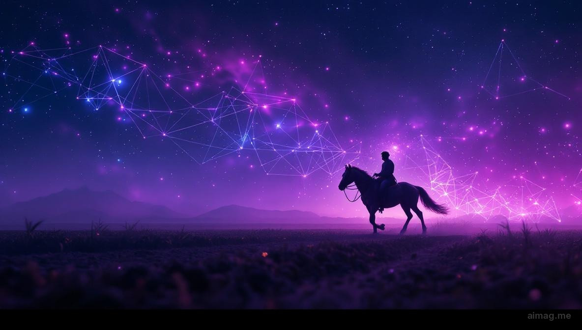 Rycerz w ciemnej zbroi siedzący nieruchomo na masywnym koniu pociągowym na świeżo zaoranym polu, trzymający pojedynczy złoty denar z niezachwianą pewnością