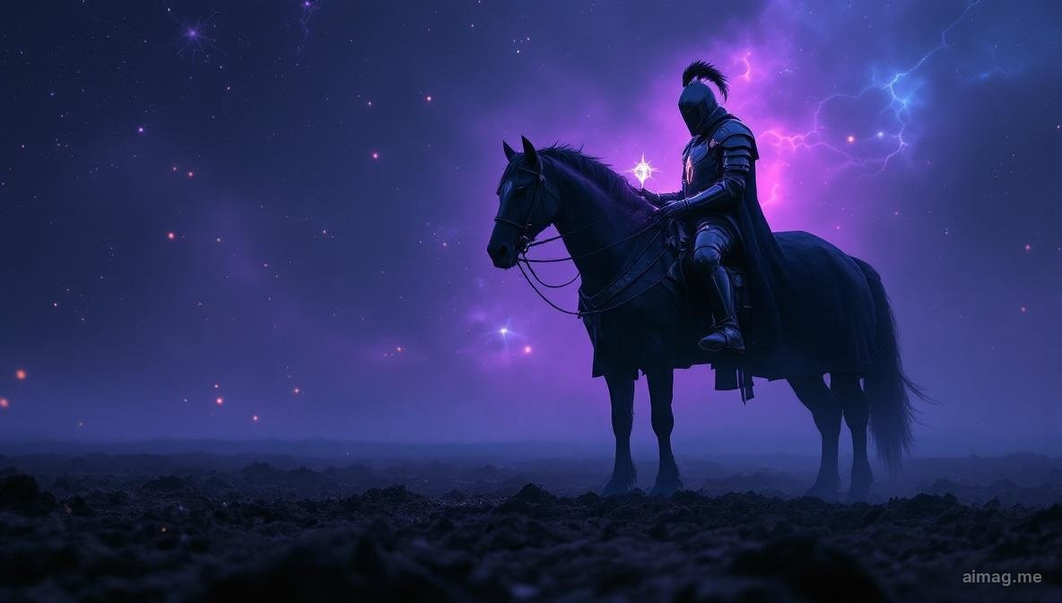 Knight of Pentacles tarot card — a heavily armored knight sits motionless on a dark workhorse in a plowed field, holding a single golden pentacle with patient determination