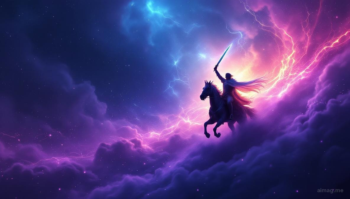 An armored rider on a charging horse leaning forward with sword raised high, stormy sky behind, trees bending in the wind of their passage