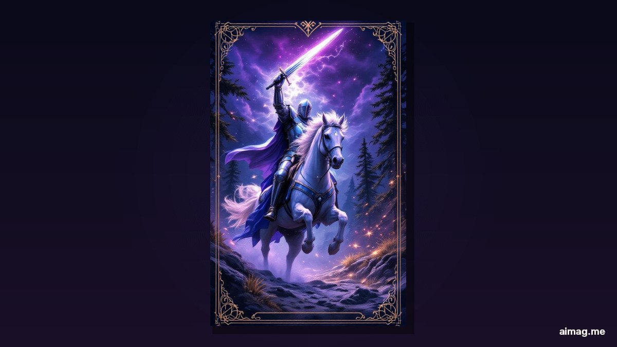 Knight of Swords tarot card — an armored knight on a white horse charges forward at full gallop, sword raised overhead, trees and clouds bent by the speed of the advance