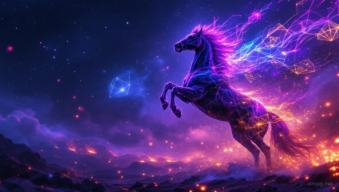 A rider on a rearing horse charging across a sun-scorched plain, wand held high like a torch, mane and cloak billowing in the hot wind, desert flowers bursting in their wake
