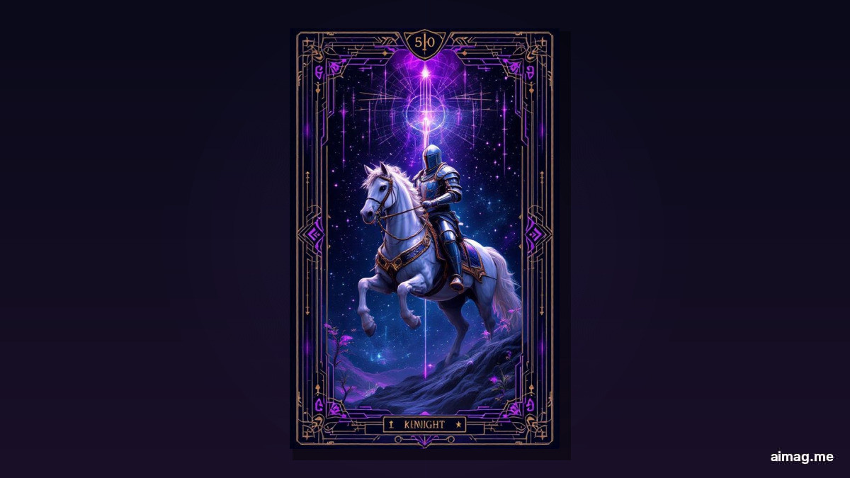 Karta Rycerz Różdżek — rycerz w zbroi ozdobionej salamandrami pędzi na stającym dęba koniu przez pustynię z trzema piramidami, trzymając wysoką różdżkę, żółty płaszcz powiewa za nim