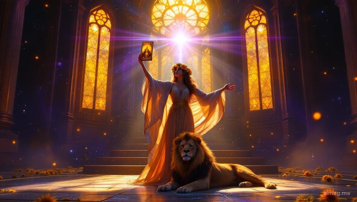 The Strength tarot card bathed in golden light with the lion and maiden surrounded by sunflowers and the Leo constellation glowing softly above