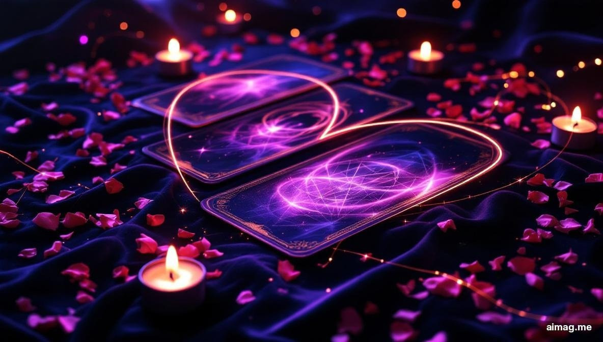 Tarot cards arranged in a heart-shaped spread pattern on a dark velvet surface with rose petals and soft candlelight, creating an intimate atmosphere for a love reading
