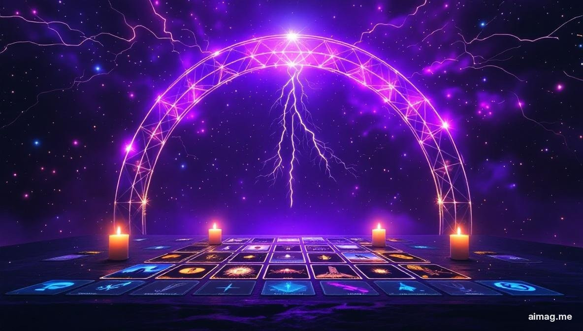 Twenty-two Major Arcana cards arranged in an arc above fifty-six Minor Arcana cards on a dark surface, warm golden light highlighting the division between the two groups