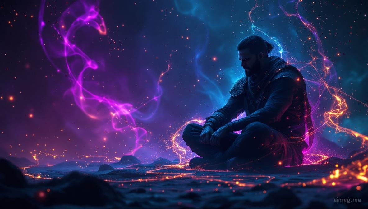 Pojedyncza karta tarota odkryta na ciemnoczerwonym tle z tlącymi się żarami i przytłumionym blaskiem ognia, oddająca stłumioną intensywność energii retrogradacji Marsa