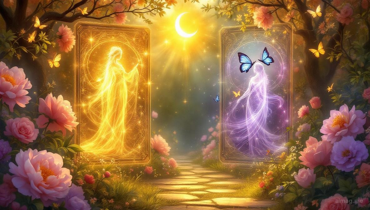 Bujny ogród z kwitnącymi kwiatami i dwiema kartami tarota leżącymi na kamiennym stoliku pod baldachimem zielonych liści, miękkie złote światło przesącza się przez zieleń