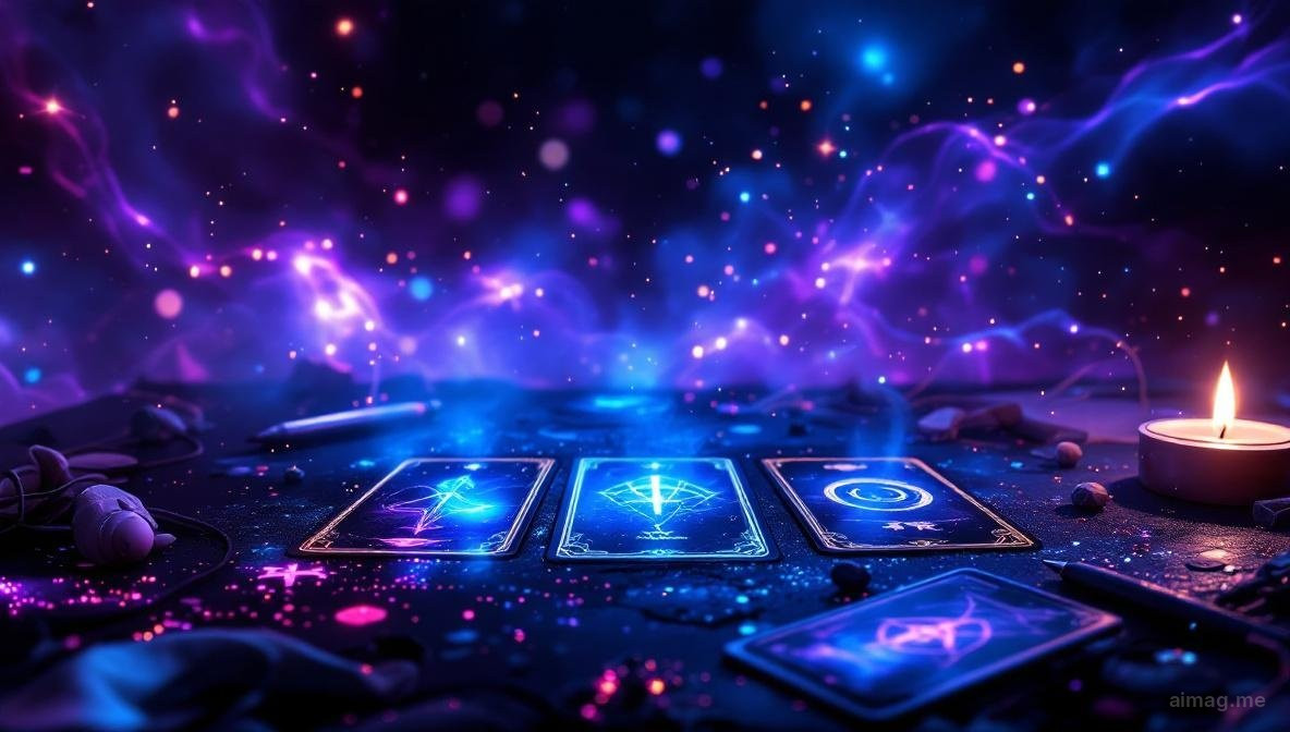 Tarot cards spread on a dark surface with scattered communication symbols and a crescent mercury glyph drawn in soft chalk, moody blue-violet atmosphere